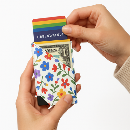 Porte-cartes Pop-Up Fin | Porte-cartes de crédit en aluminium à motif floral | Porte-cartes de crédit minimaliste anti-RFID à éjection automatique
