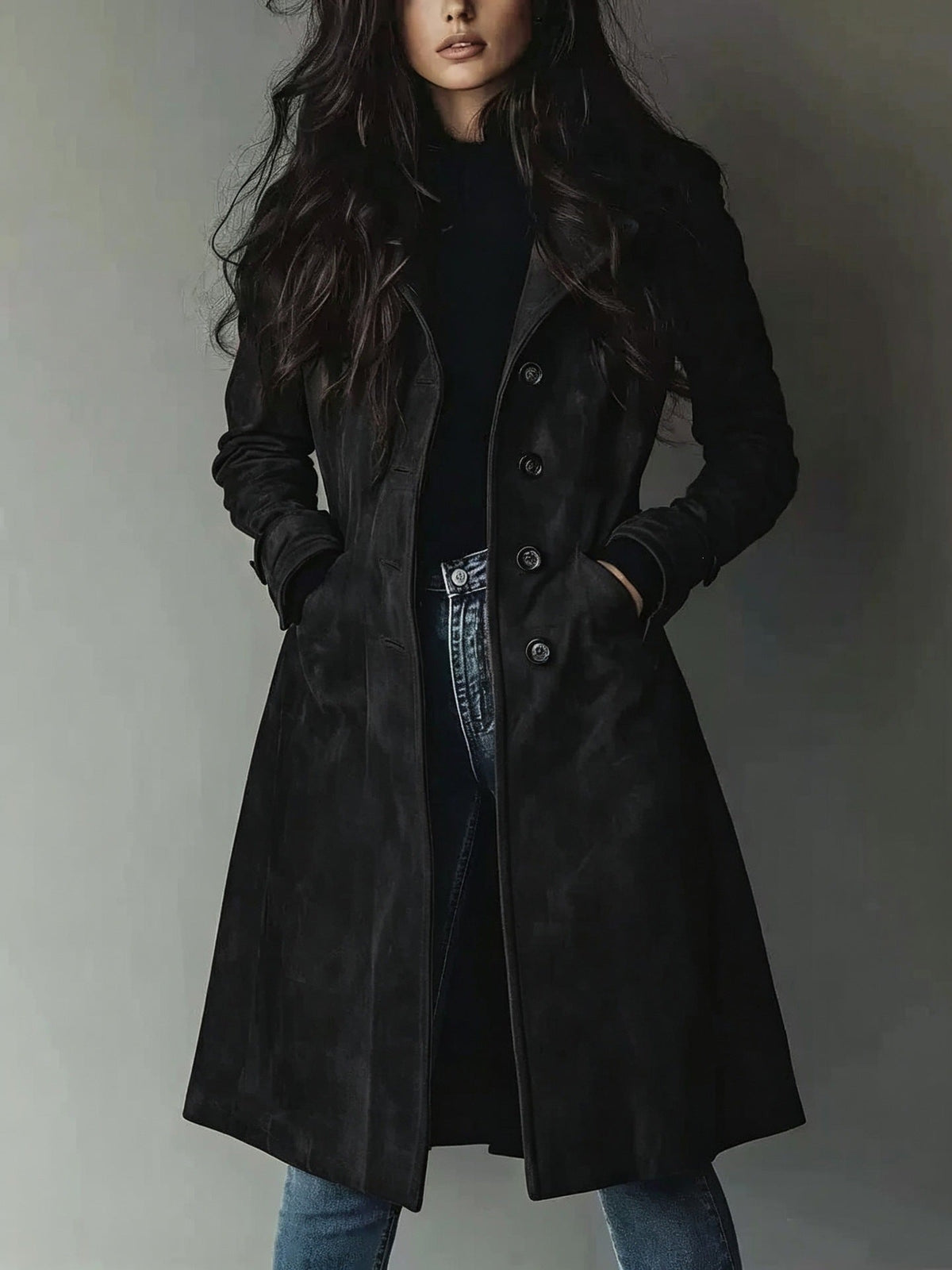 Trench-coat à revers en daim pour femme – Veste mi-longue ceinturée pour l'automne et l'hiver