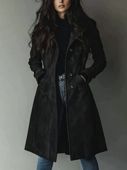Trench-coat à revers en daim pour femme – Veste mi-longue ceinturée pour l'automne et l'hiver