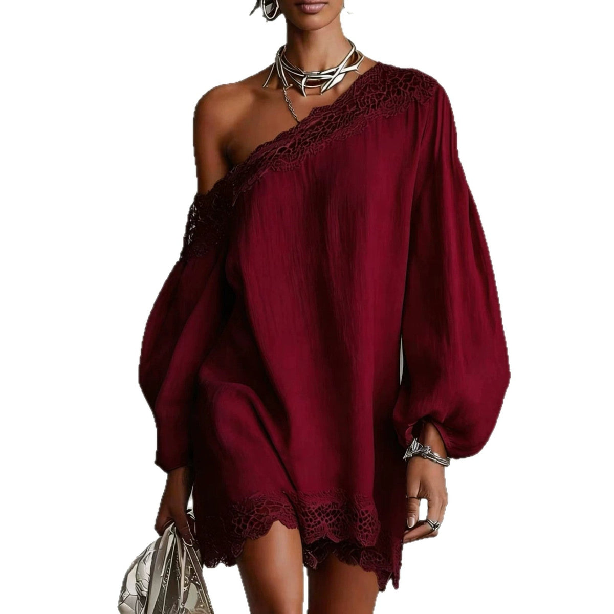 Robe courte à épaules dénudées et manches longues pour femme | Robe à garniture en dentelle