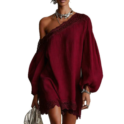 Robe courte à épaules dénudées et manches longues pour femme | Robe à garniture en dentelle