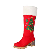 Bottes hautes en daim pour femme – Bottes cuissardes brodées motif sapin de Noël