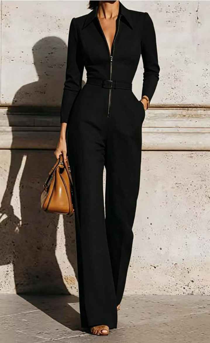 Combinaison femme automne-hiver à col en V et ceinture – Modèle une pièce à manches longues, fermeture zippée et jambes droites