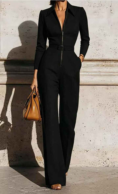 Combinaison femme automne-hiver à col en V et ceinture – Modèle une pièce à manches longues, fermeture zippée et jambes droites