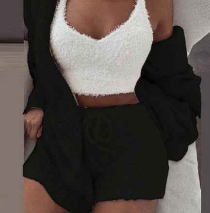 Ensemble pyjama 3 pièces femme avec débardeur court à manches longues et short à cordon de serrage