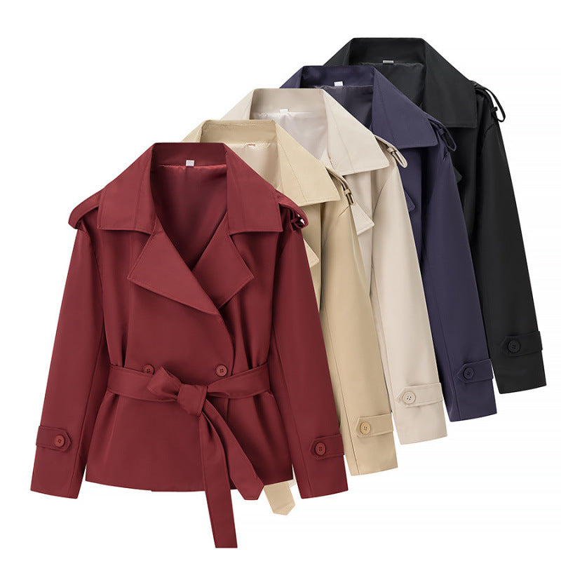 Trench court ceinturé uni pour femme – Veste courte style européen avec nouage à la taille