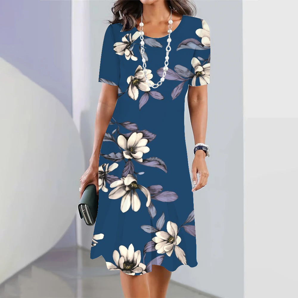 Robe de soirée à imprimé floral 3D pour femme – Robe élégante bleue sans manches à col rond