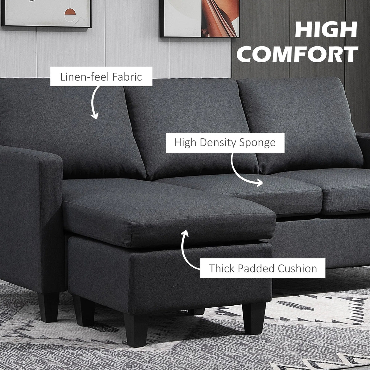 Dark Grey L-Shape Sectional Sofa with Ottoman – Modern Corner Couch for Living Room (United States & Canada Delivery Only)