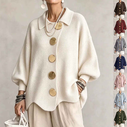 Gilet en maille boutonné pour femme – Pull automne-hiver ample à manches longues et col à revers