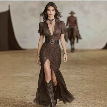 Robe longue sirène à col plissé pour femme | Robe élégante à boutons (ceinture non incluse)