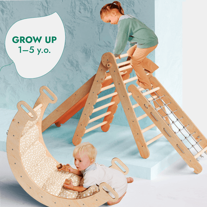 Ensemble d'escalade Montessori 5 en 1 : Échelle triangulaire + Arche/Balançoire + Toboggan/Rampe + Corde à filet + Coussin