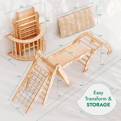 Ensemble d'escalade Montessori 5 en 1 : Échelle triangulaire + Arche/Balançoire + Toboggan/Rampe + Corde à filet + Coussin