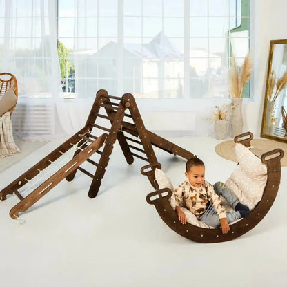 Ensemble d'escalade Montessori 5 en 1 : Échelle triangulaire + Arche/Balançoire + Toboggan/Rampe + Corde à filet + Coussin