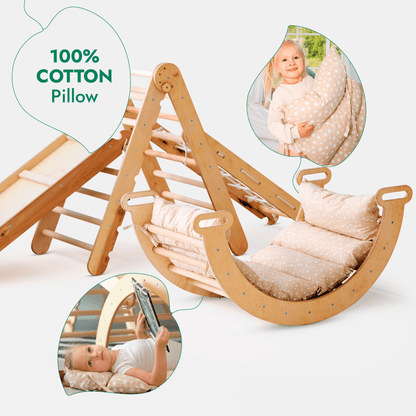 Ensemble d'escalade Montessori 5 en 1 : Échelle triangulaire + Arche/Balançoire + Toboggan/Rampe + Corde à filet + Coussin