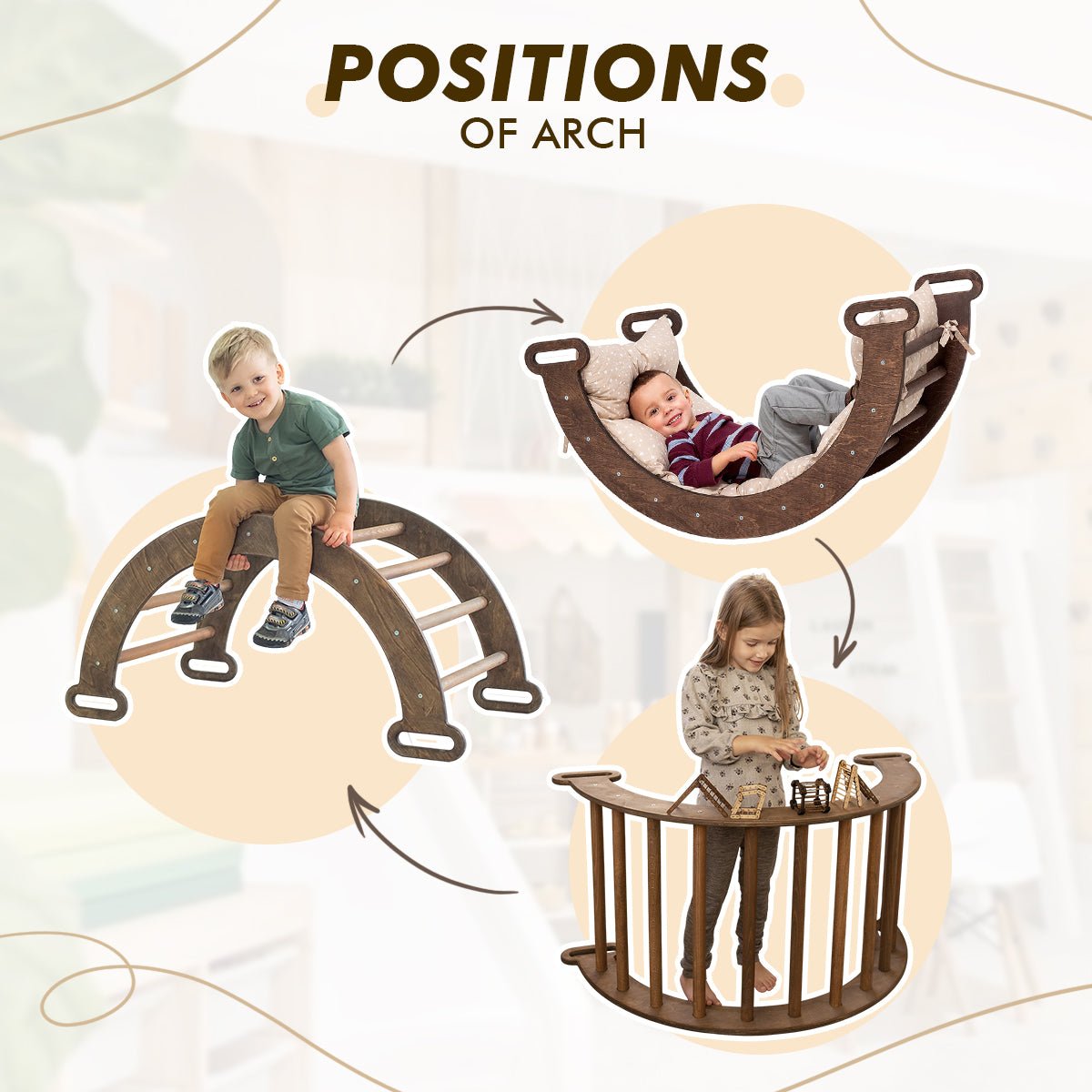 Ensemble d'escalade Montessori 5-en-1 : Échelle triangulaire + Arche/Balançoire + Planche à glisser/Rampe + Filet + Coussin – Chocolat