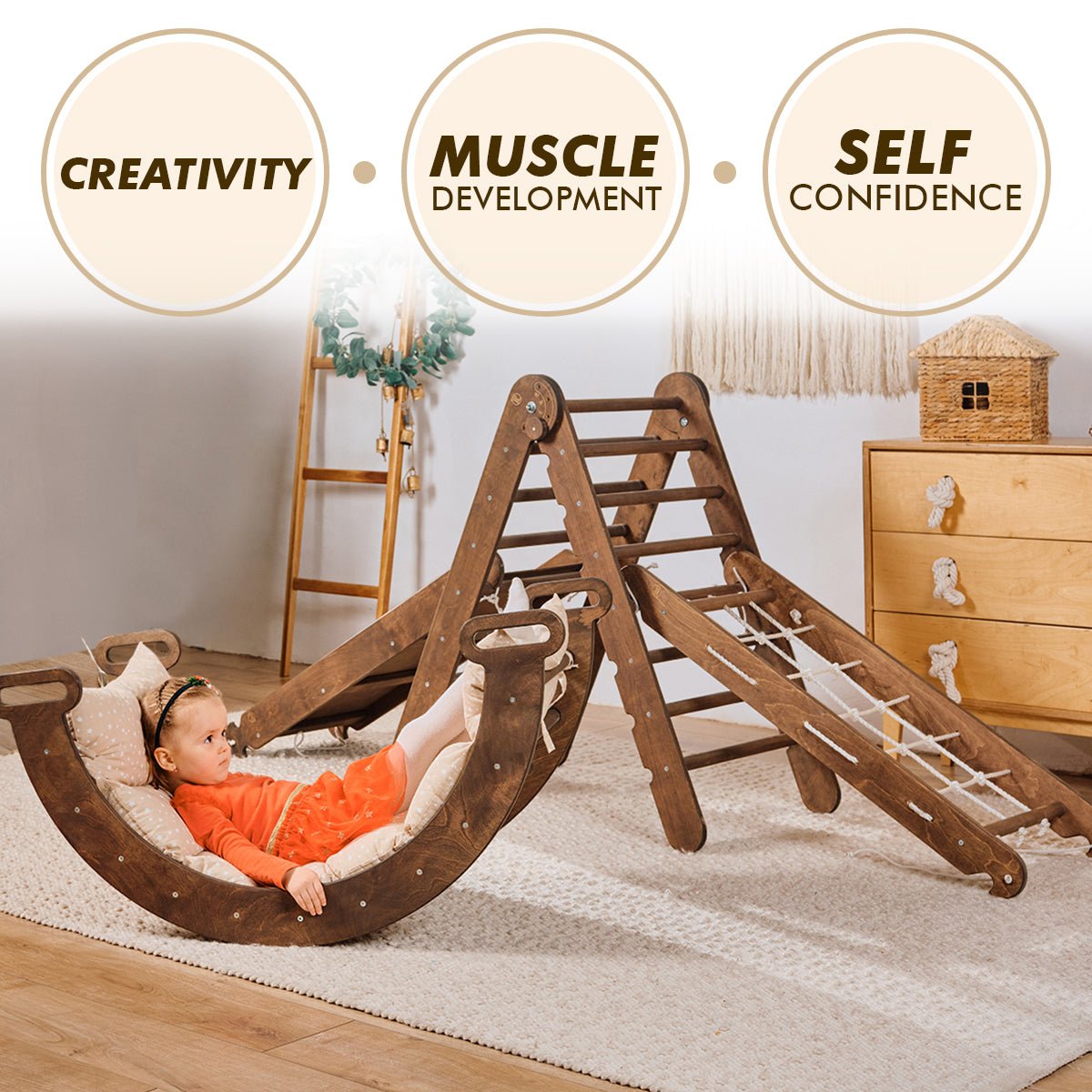 Ensemble d'escalade Montessori 5-en-1 : Échelle triangulaire + Arche/Balançoire + Planche à glisser/Rampe + Filet + Coussin – Chocolat