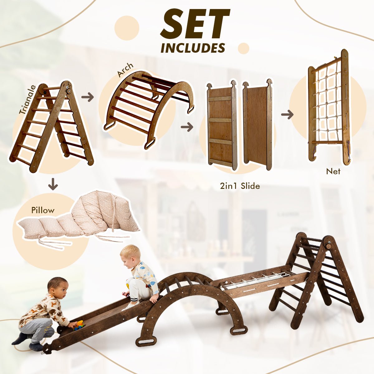 Ensemble d'escalade Montessori 5-en-1 : Échelle triangulaire + Arche/Balançoire + Planche à glisser/Rampe + Filet + Coussin – Chocolat