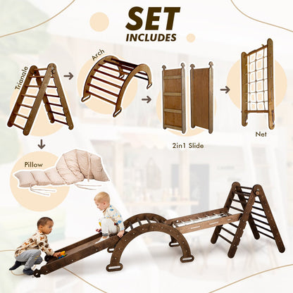 Ensemble d'escalade Montessori 5-en-1 : Échelle triangulaire + Arche/Balançoire + Planche à glisser/Rampe + Filet + Coussin – Chocolat
