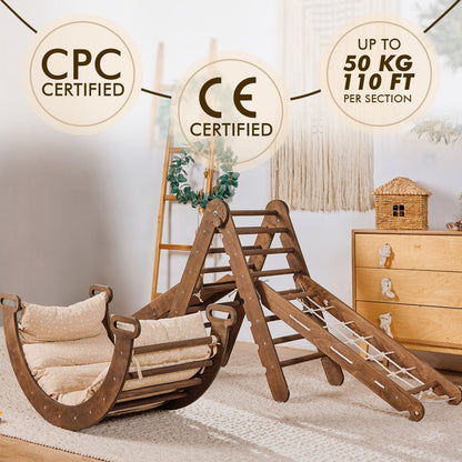 Ensemble d'escalade Montessori 5-en-1 : Échelle triangulaire + Arche/Balançoire + Planche à glisser/Rampe + Filet + Coussin – Chocolat