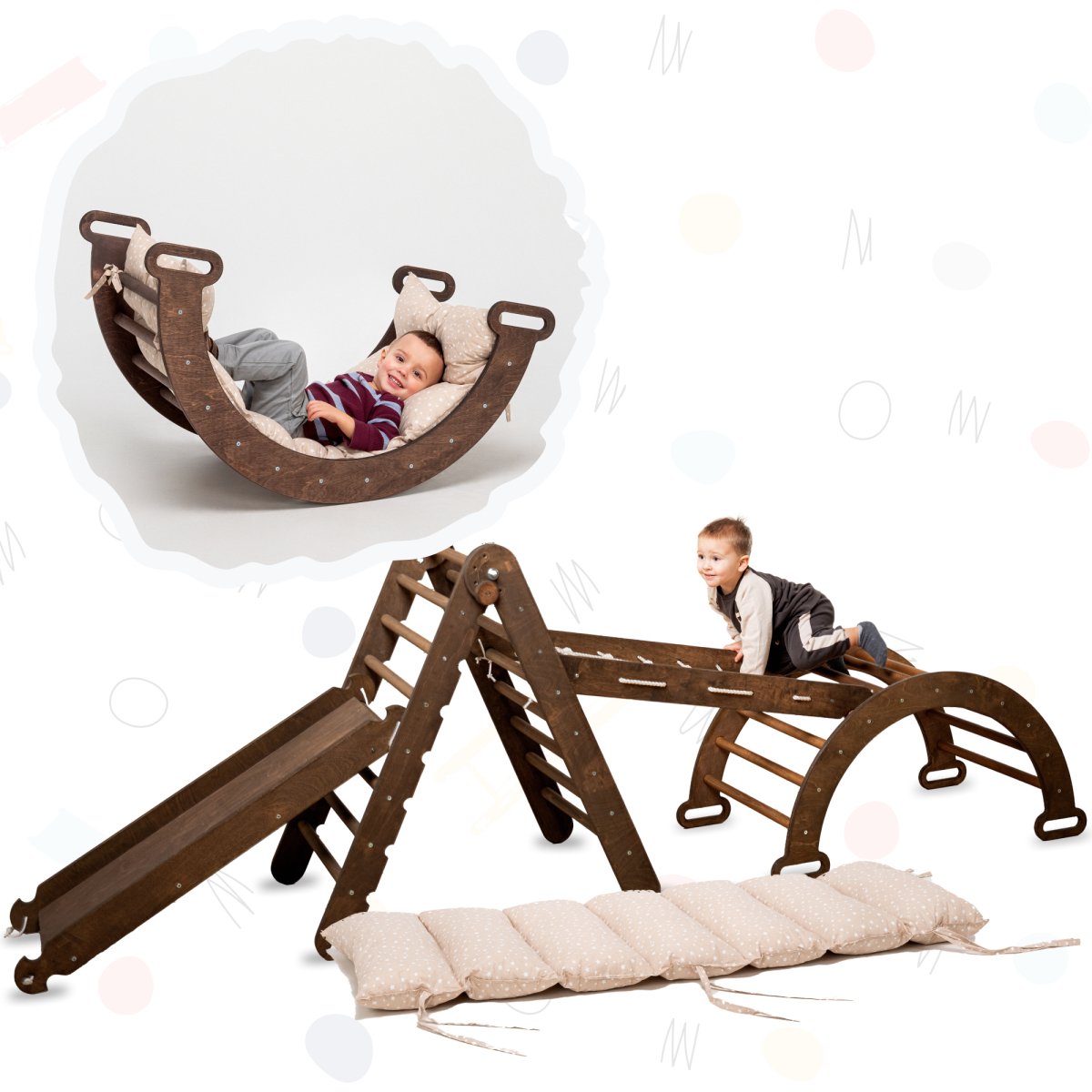 Ensemble d'escalade Montessori 5-en-1 : Échelle triangulaire + Arche/Balançoire + Planche à glisser/Rampe + Filet + Coussin – Chocolat