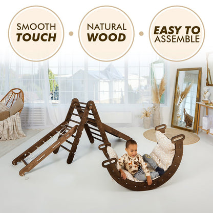 Ensemble d'escalade Montessori 5-en-1 : Échelle triangulaire + Arche/Balançoire + Planche à glisser/Rampe + Filet + Coussin – Chocolat