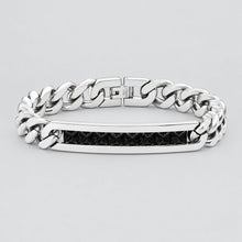 Men’s Silver Stainless Steel with Black Diamond-Textured Biker Bracelet