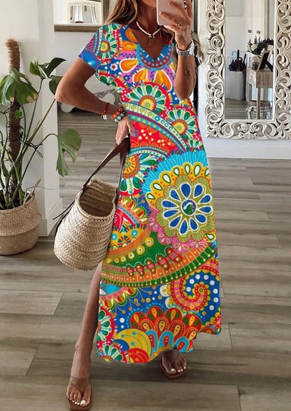 Robe d’été élégante à impression 3D pour femme – Robe mi-longue tendance à fente