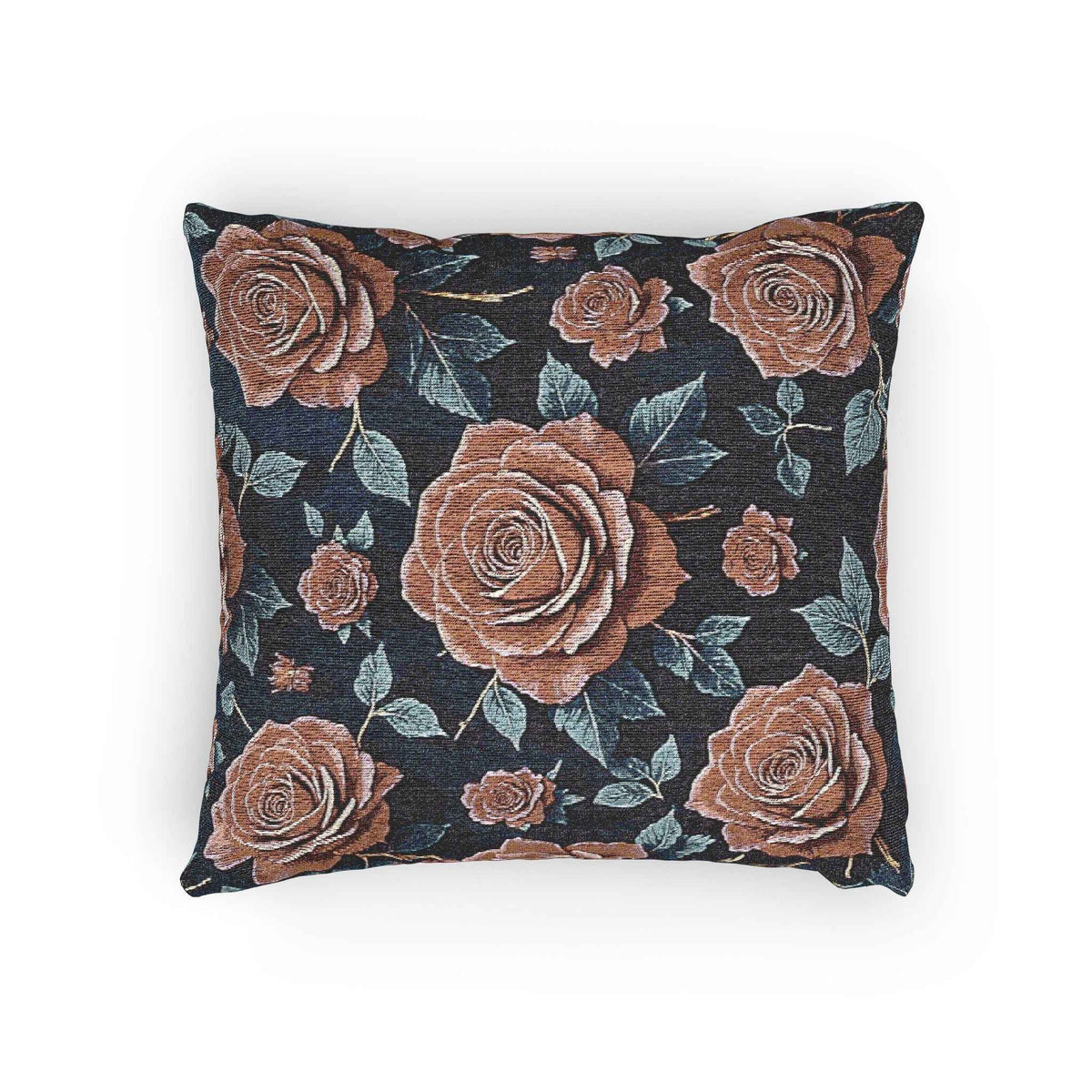 Coussin tissé rose vintage | Style tapisserie florale, fond marine