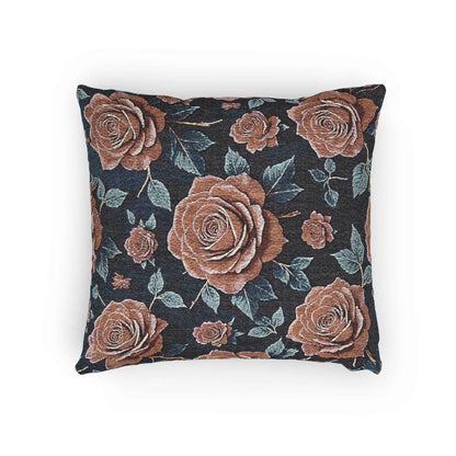 Coussin tissé rose vintage | Style tapisserie florale, fond marine