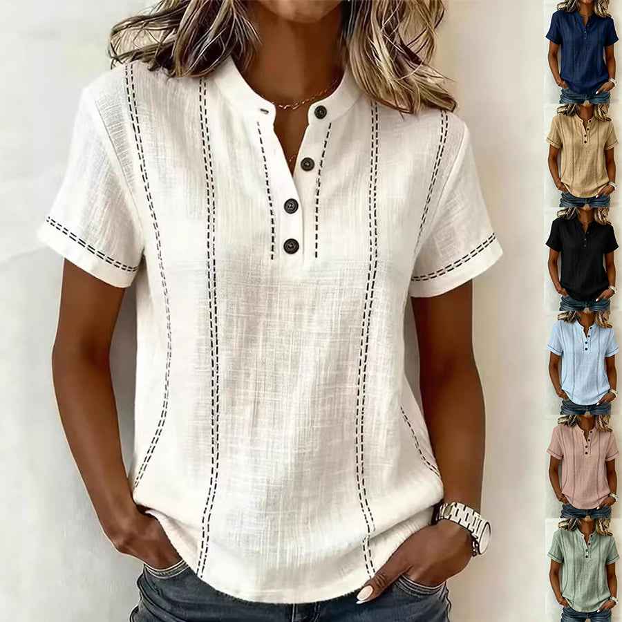 Chemisiers d'été à rayures, manches courtes, col montant, col en V, boutonnés, vêtements pour femmes