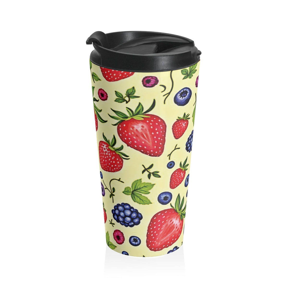 Mug de voyage en acier inoxydable motif fraises et baies — Gobelet isotherme imprimé fruits