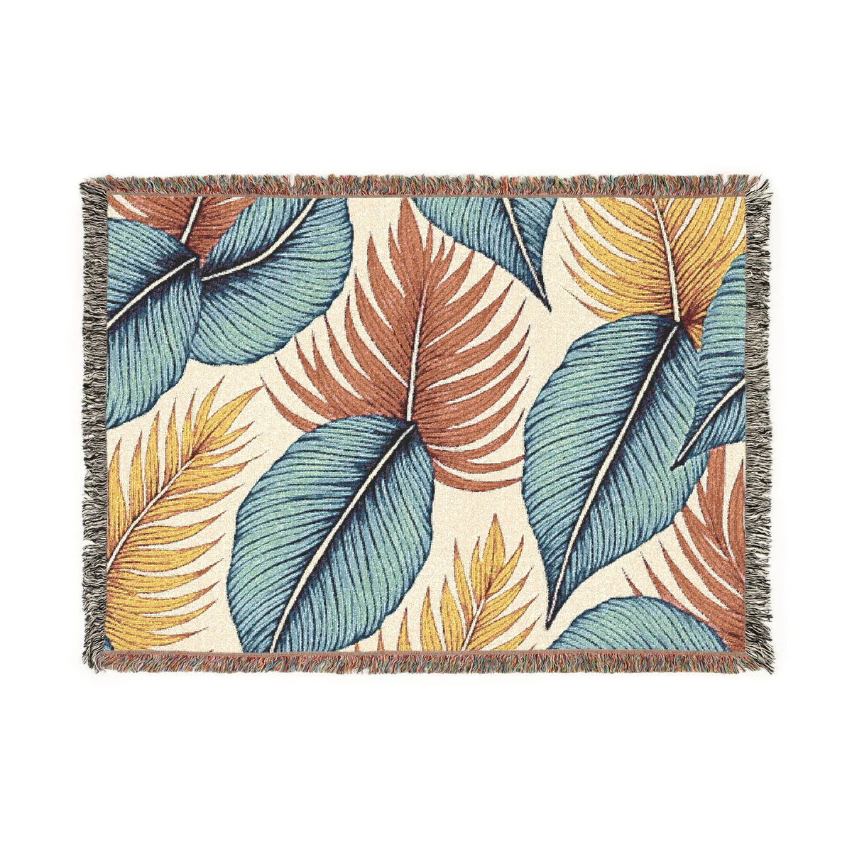 Jeté de lit tissé à motif feuilles tropicales – Décor bohème côtier pour salon et patio