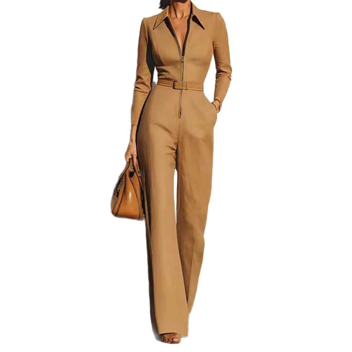 Combinaison femme automne-hiver à col en V et ceinture – Modèle une pièce à manches longues, fermeture zippée et jambes droites