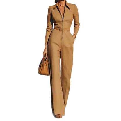 Combinaison femme automne-hiver à col en V et ceinture – Modèle une pièce à manches longues, fermeture zippée et jambes droites