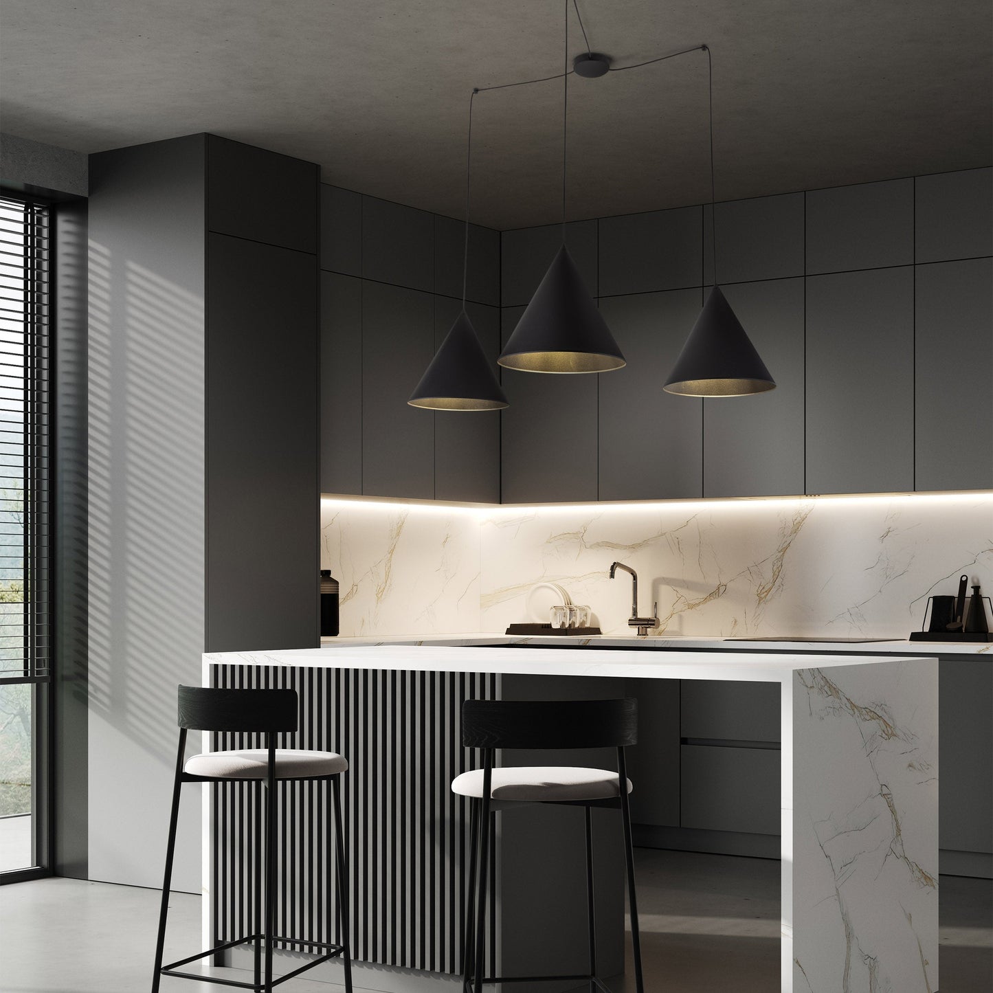 Suspension moderne CONO à 3 lampes pour îlot de cuisine, table de salle à manger et intérieurs contemporains
