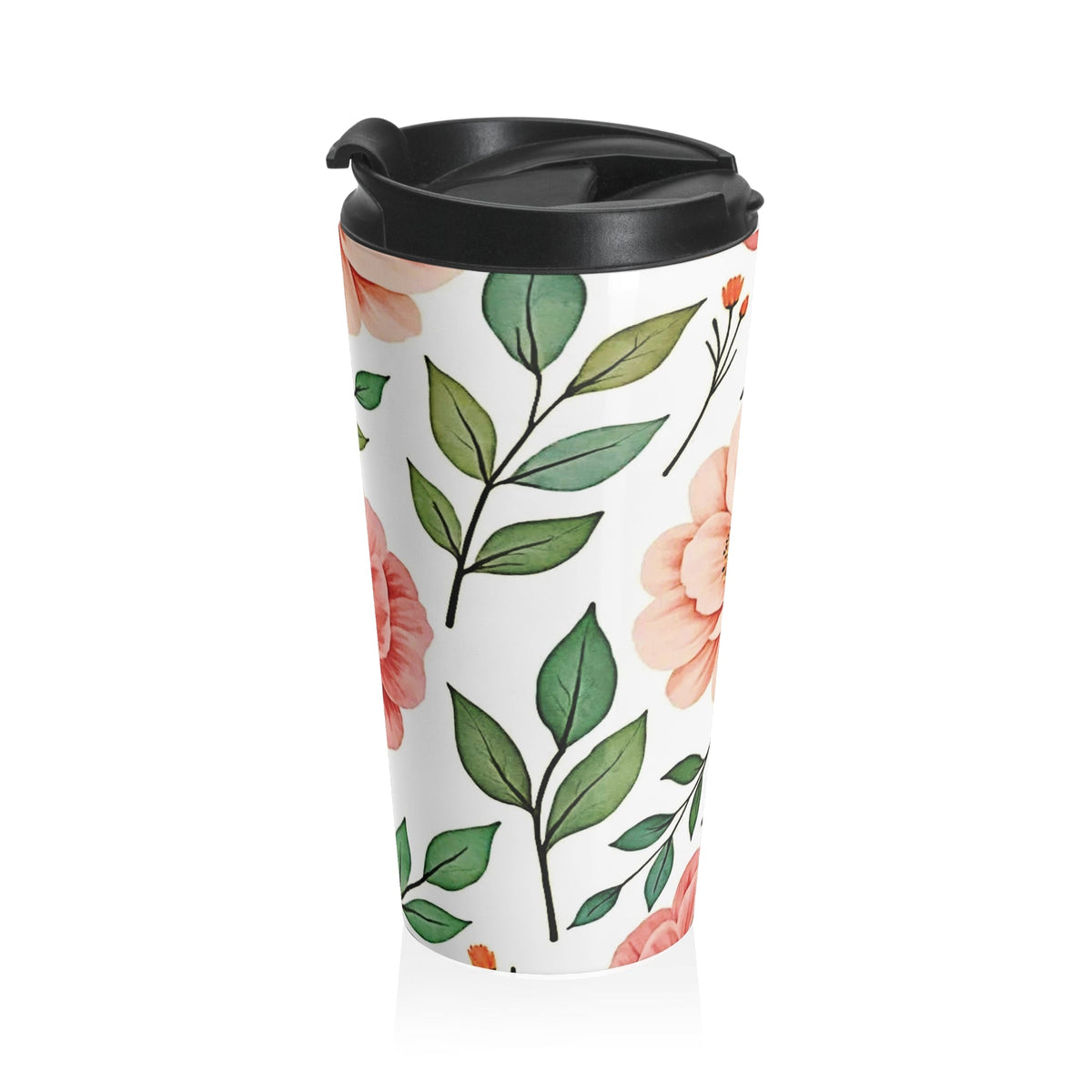 Mug de voyage en acier inoxydable à motif floral pêche | Feuilles botaniques