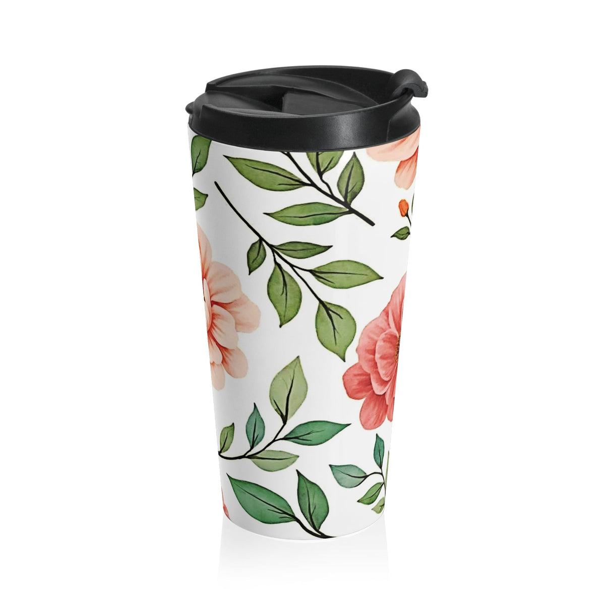 Mug de voyage en acier inoxydable à motif floral pêche | Feuilles botaniques