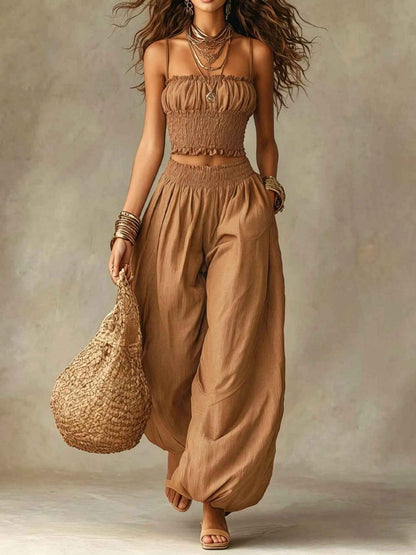 Ensemble deux pièces sans bretelles pour femme – Haut court et pantalon large à jambes ballons