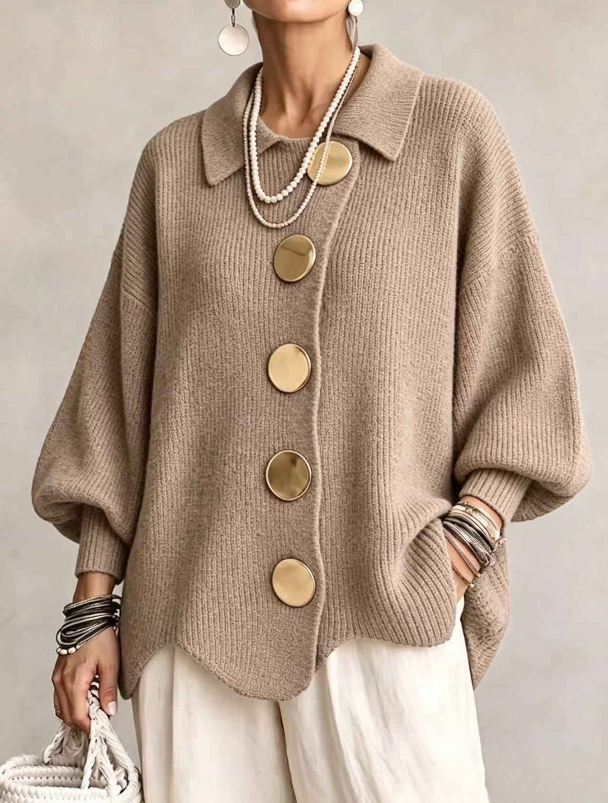 Gilet en maille boutonné pour femme – Pull automne-hiver ample à manches longues et col à revers