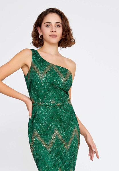 Robe de soirée longue sirène en tulle à perles et à une épaule - Vert émeraude