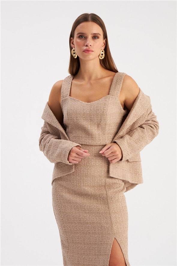 Chemisier court en tweed à bretelles - Beige