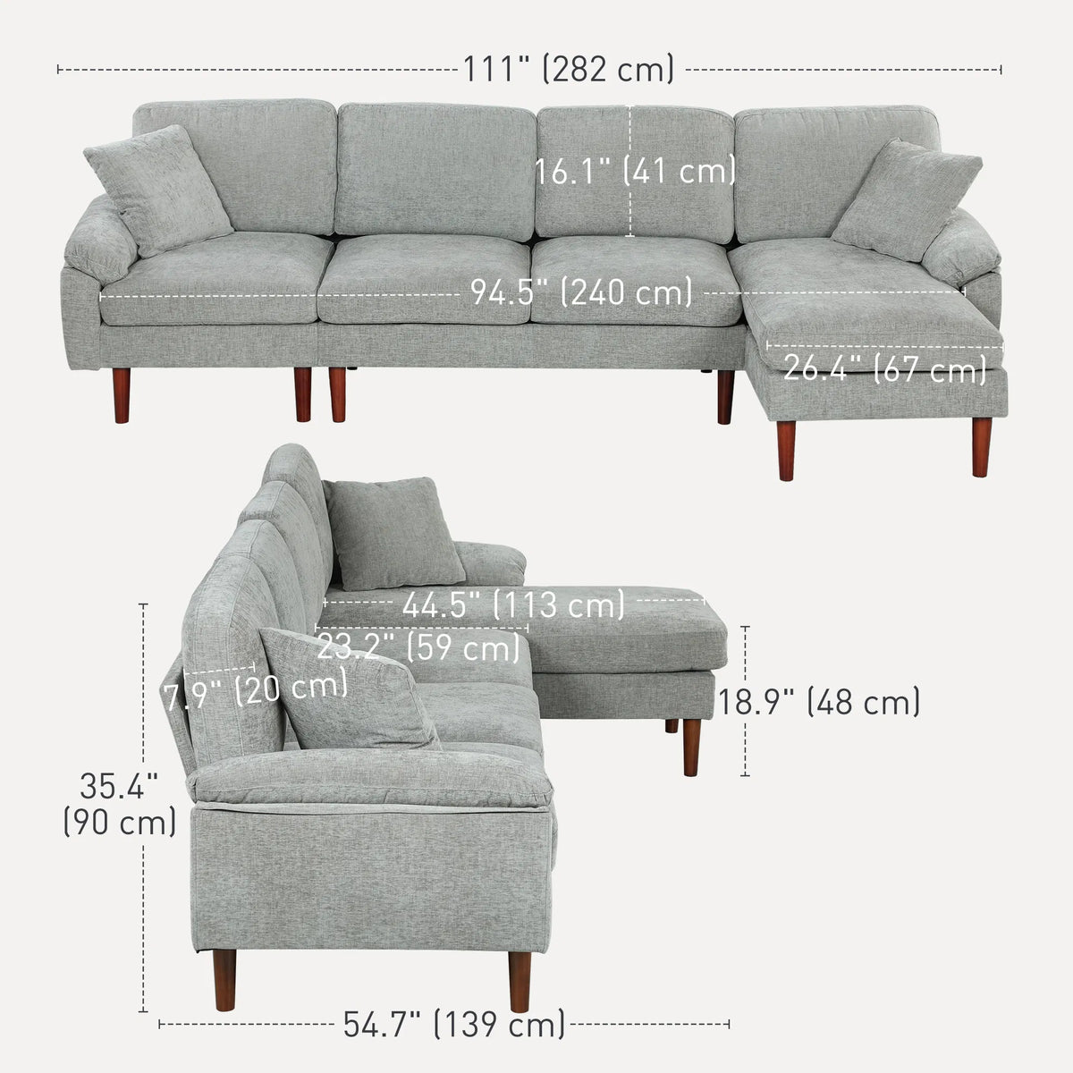 Grey L-Shape Sectional Sofa – Modern Reversible Chaise Couch with Pillows & Wooden Legs (United States & Canada Delivery Only)