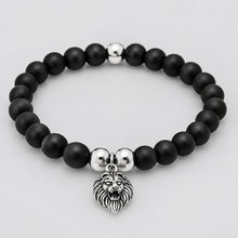 Bracelet pour homme en perles de pierre de lave noire avec breloque tête de lion en acier inoxydable, style biker
