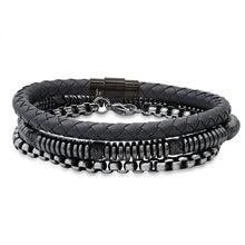 Bracelets pour hommes SteelTime en cuir noir et acier inoxydable avec hématite et pierre de lave
