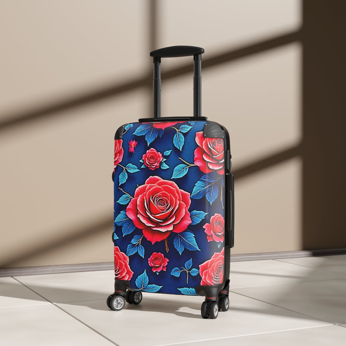 Valise cabine Rose florale — Roses rouges éclatantes sur bagage de voyage bleu marine