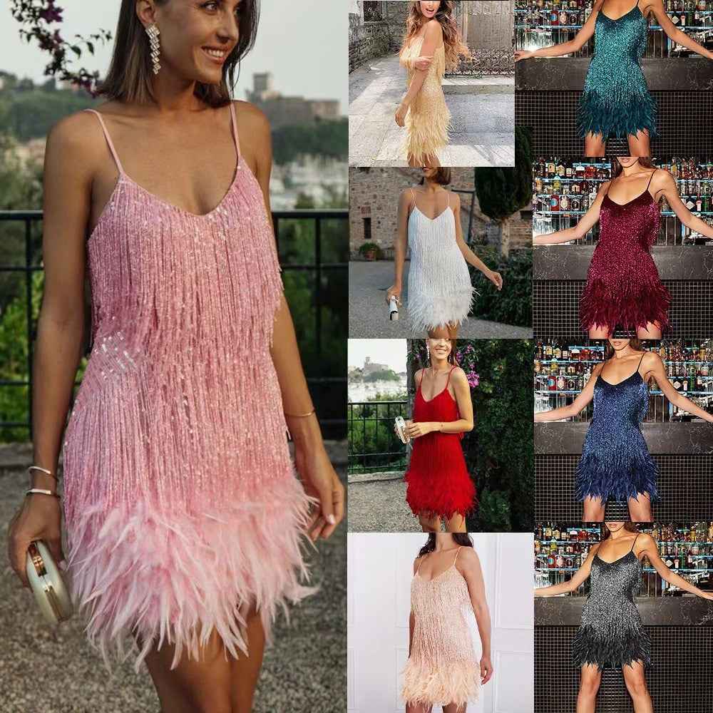 Robe courte à sequins avec plumes et franges pour femme – Robe de soirée à col en V et bretelles spaghetti