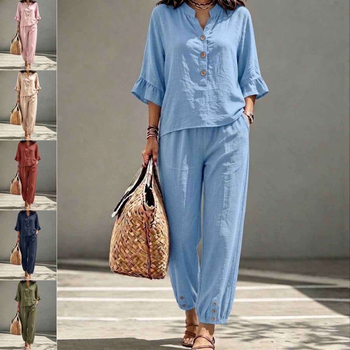 Ensemble décontracté pour femme : haut à col en V et pantalon court à jambes larges – Tenue de bureau rétro