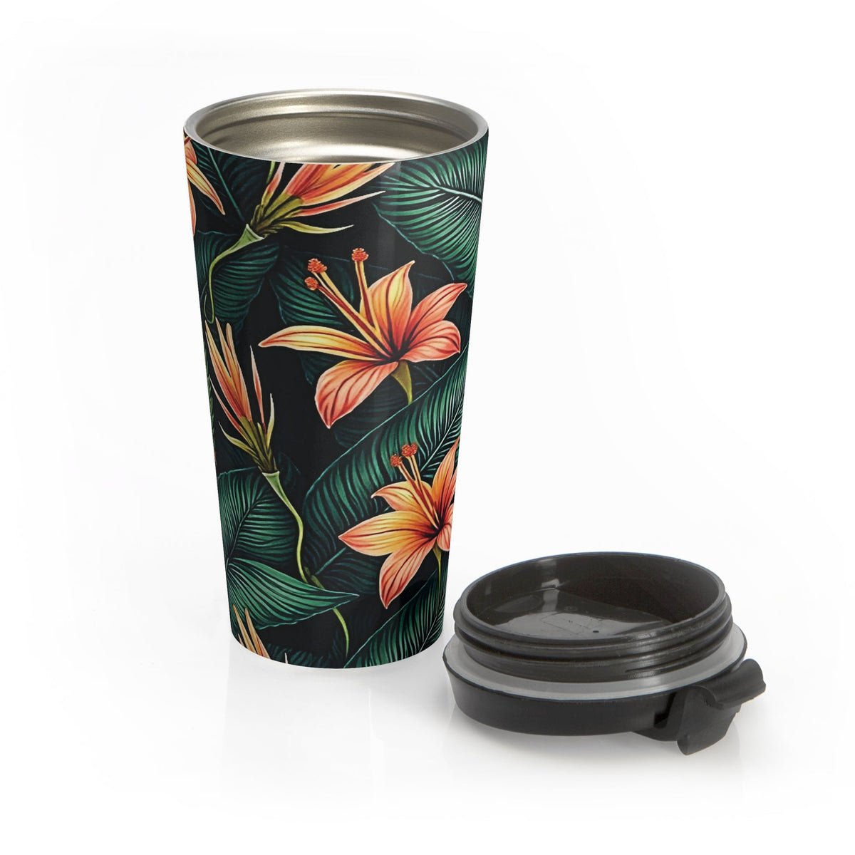 Mug de voyage Lys orange tropical | Gobelet isotherme floral en acier inoxydable
