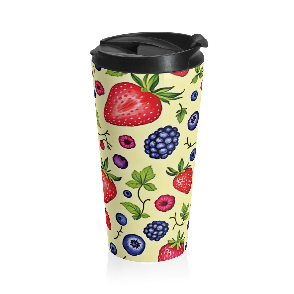 Mug de voyage en acier inoxydable motif fraises et baies — Gobelet isotherme imprimé fruits