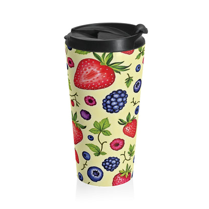 Mug de voyage en acier inoxydable motif fraises et baies — Gobelet isotherme imprimé fruits